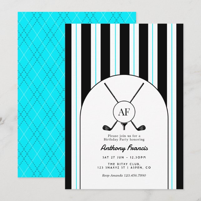 Black, White & Electric Blue Monogram Preppy Golf Invitation (Front/Back)
