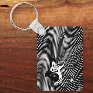 Black & White Electric Guitar trippy retro Pop Art Key Ring