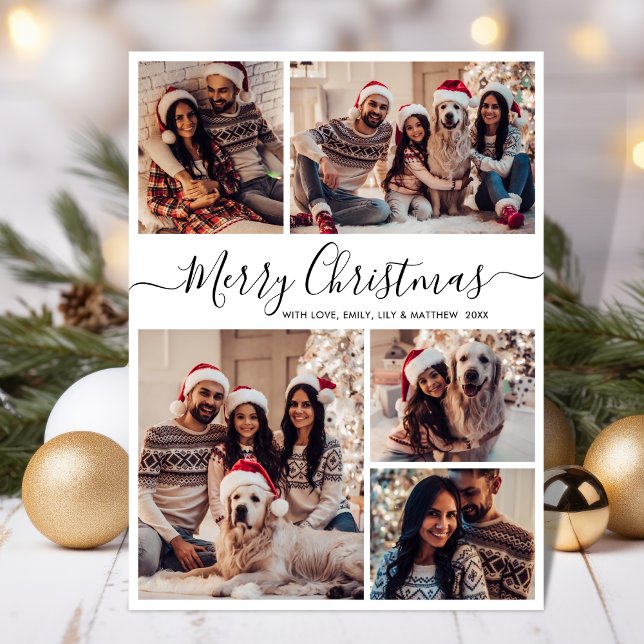 Black White Elegant 5 Photo Collage Christmas Holiday Card (Creator Uploaded)