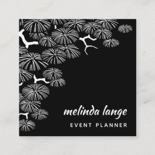 Black White Elegant Botanical Pine Branch Square Business Card