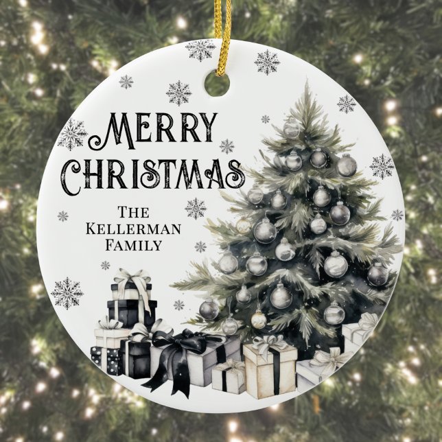 Black White Elegant Christmas Ceramic Tree Decoration (Pink Flamingo Tropical Christmas Ceramic Ornament)