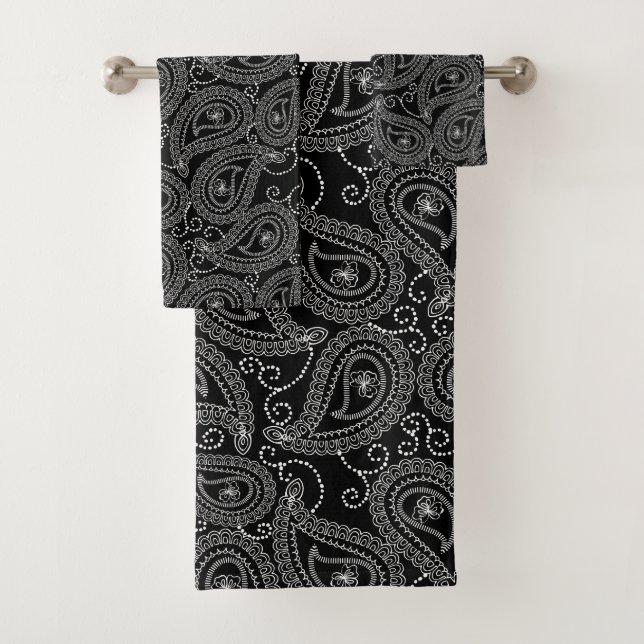 Black & White Elegant Damask Floral Pattern Bath Towel Set (Insitu)