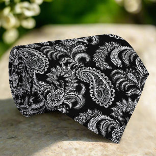 Black & White Elegant Damask Floral Pattern Tie