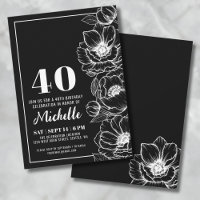 Black White Elegant Floral 40th Birthday