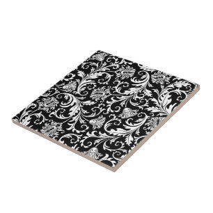 Black & White Elegant Floral Damask  Pattern Tile