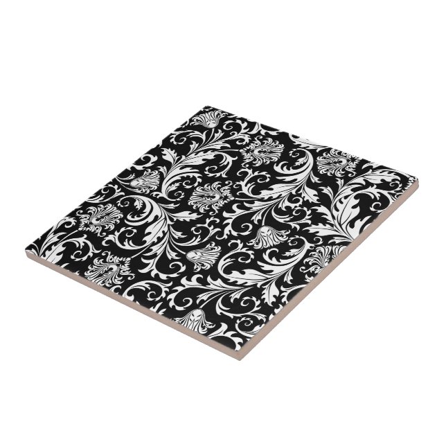 Black & White Elegant Floral Damask  Pattern Tile (Side)