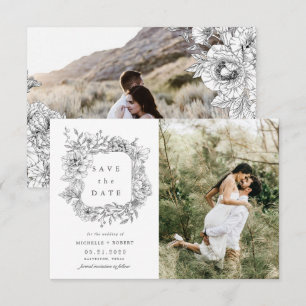 black white elegant floral two Photo Save The Date Invitation
