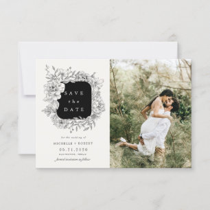 black white elegant floral two Photo Save The Date Invitation
