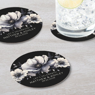Black White Elegant Floral Wedding Round Paper Coaster