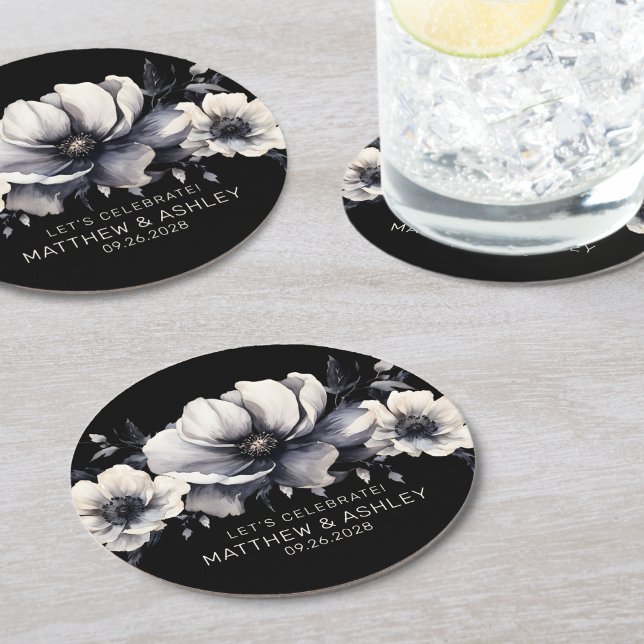 Black White Elegant Floral Wedding Round Paper Coaster (Black White Floral Wedding Round Paper Coaster)