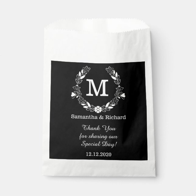 Black White Elegant Floral Wreath Monogram Wedding Favour Bags (Front)