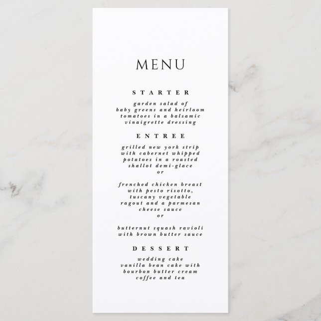 Black & White Elegant Modern Dinner Wedding Menu (Front)