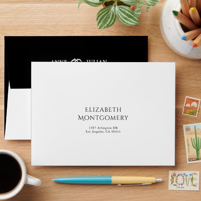 Black & white Elegant Modern Wedding Invitation Envelope (Desk)