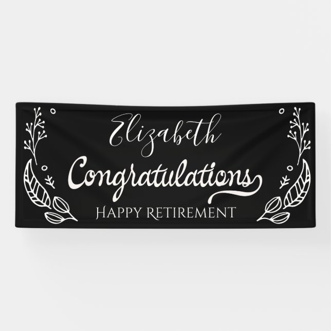 Black White  Elegant  Monogram Happy Retirement Banner (Horizontal)