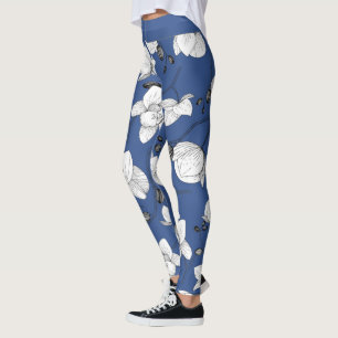 Black & white elegant orchid floral modern blue leggings