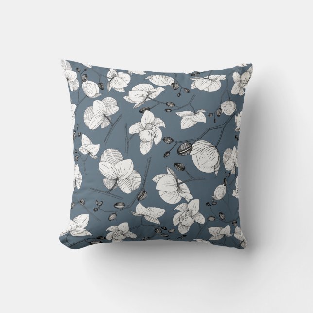 Black & white elegant orchid floral modern cushion (Front)