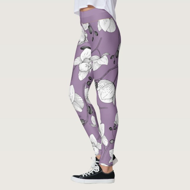 Black & white elegant orchid floral modern lilac leggings (Left)