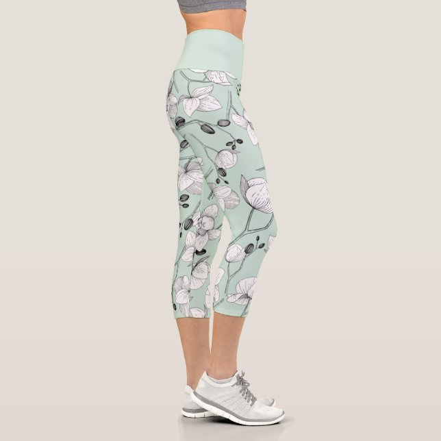 Black & white elegant orchid floral modern mint capri leggings (Right)