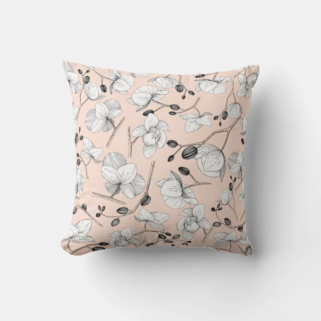 Black & white elegant orchid floral modern pink cushion (Front)