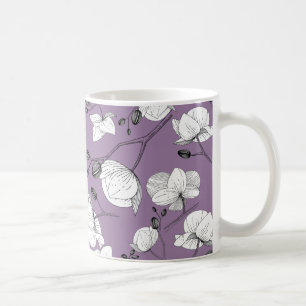 Black & white elegant orchid floral modern purple coffee mug
