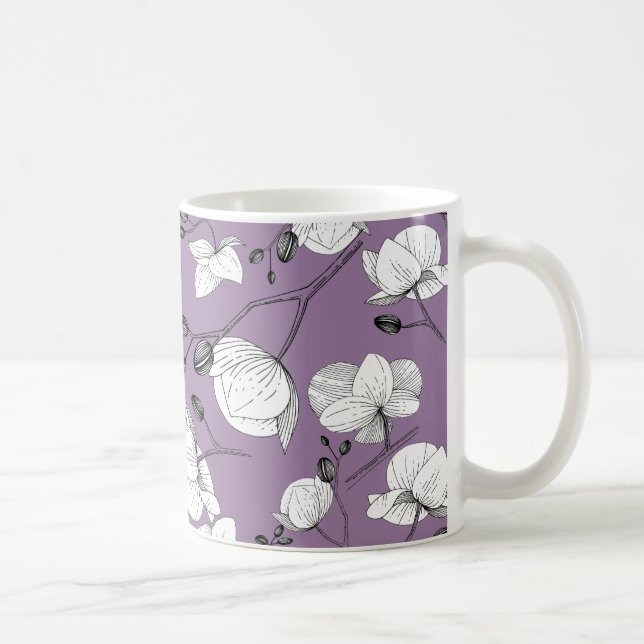 Black & white elegant orchid floral modern purple coffee mug (Right)