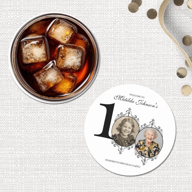 Black White Elegant Photo 100th Birthday Party Round Paper Coaster (Black White Elegant Photo 100th Birthday Party Round Paper Coaster)