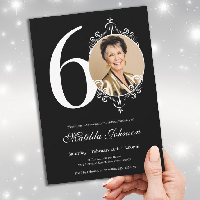 Black White Elegant Photo 60th Birthday  Invitation (60th Birthday White Black Elegant Custom Photo Invitation)