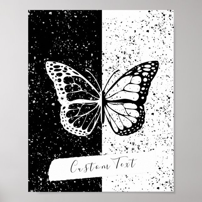 Black & White Elegant Pretty Butterfly Custom Text Poster (Front)