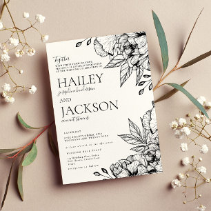 Black white elegant romantic floral wedding  invitation