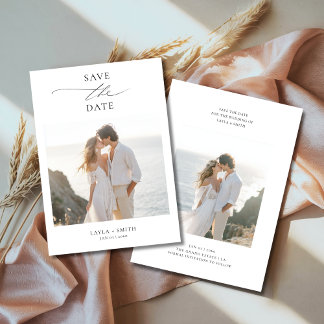 Black & White Elegant Script 2 Photo Beach Wedding Save The Date