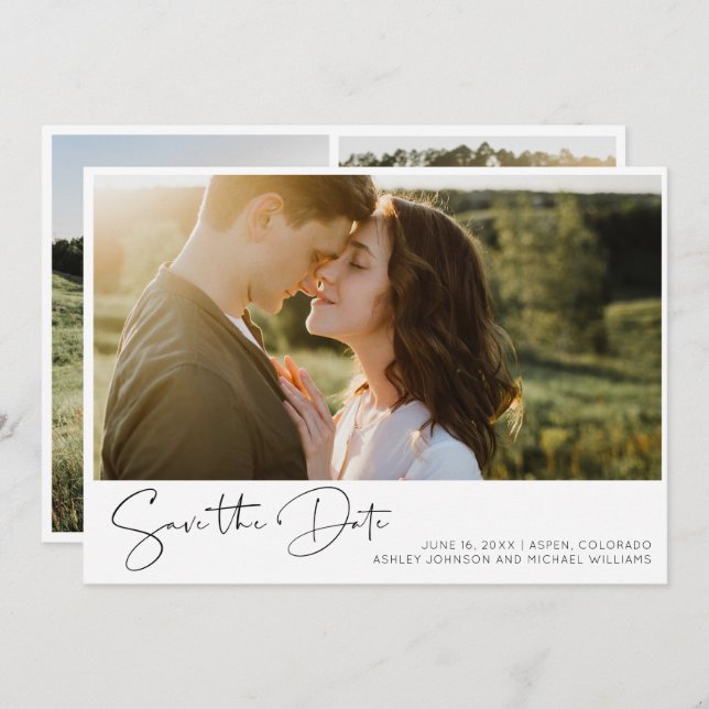 Black & White Elegant Script 2 Photo Save the Date (Front/Back)
