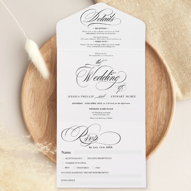 Black white elegant script calligraphy wedding all in one invitation (Black white elegant script calligraphy wedding all in one invitation)