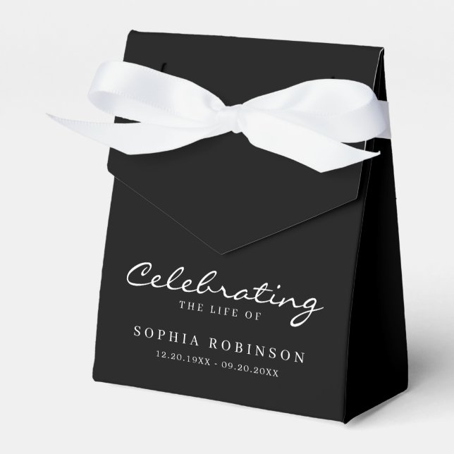Black White Elegant Script Funeral Memorial Favour Box (Front Side)