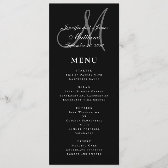 Black White Elegant Script Monogram Wedding Menu (Front)