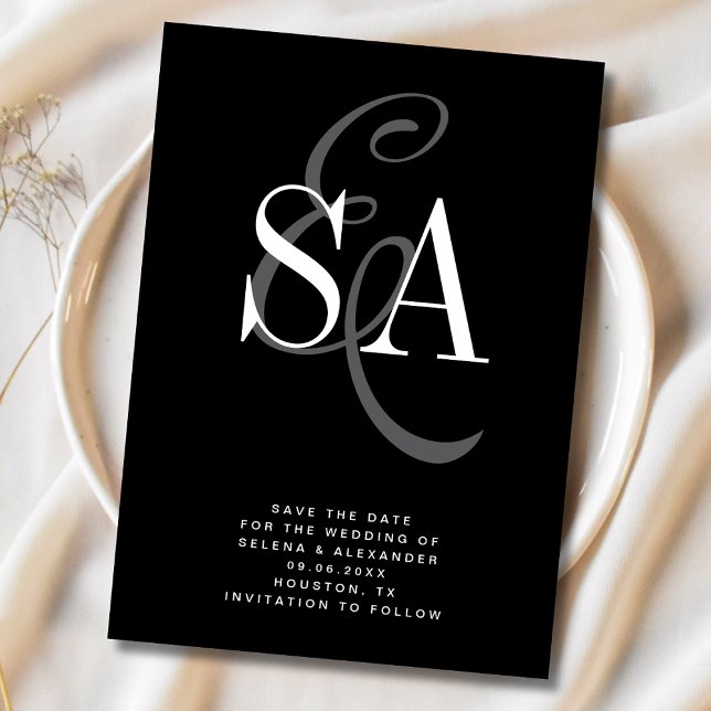 Black White Elegant Script Monogram Wedding Save The Date (Creator Uploaded)