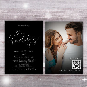 Black White Elegant Script Photo QR Code Wedding Invitation