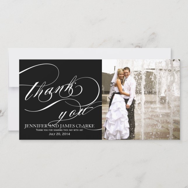 Black White Elegant Script Wedding Thank You Card (Front)