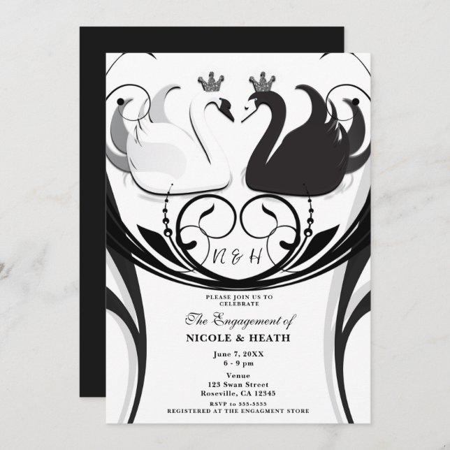 Black & White Elegant Swan Princess Engagement  Invitation (Front/Back)