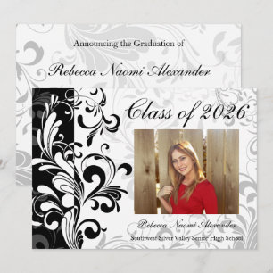 Black White Elegant Swirl Photo 2025 Graduation Invitation