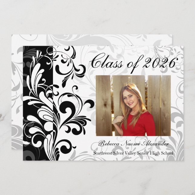 Black White Elegant Swirl Photo 2025 Graduation Invitation (Front/Back)