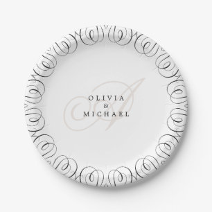 Black white elegant vintage flourish calligraphy paper plate