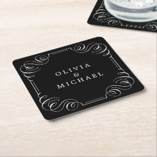 Black white elegant vintage flourish calligraphy square paper coaster
