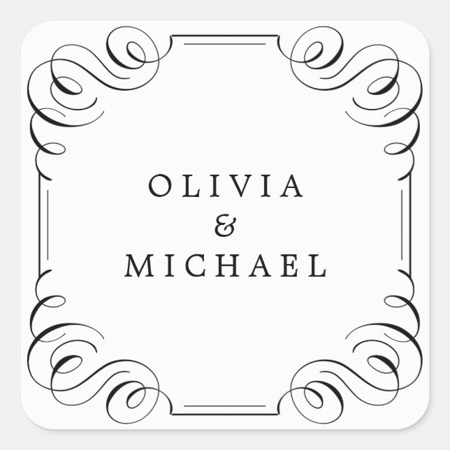 Black white elegant vintage flourish calligraphy square sticker (Front)