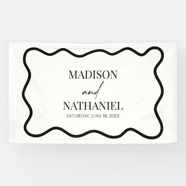 Black White Elegant Wavy Border Wedding Banner (Horizontal)
