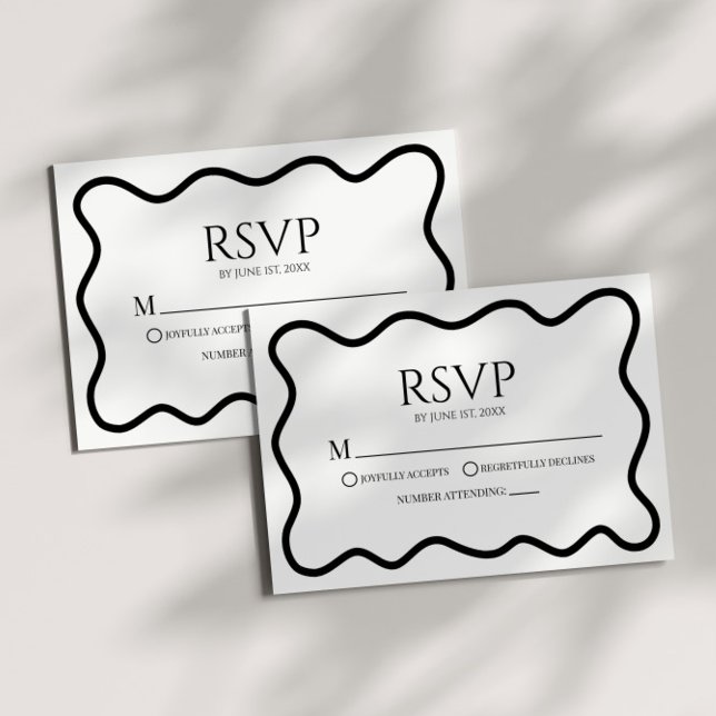 Black White Elegant Wavy Border Wedding RSVP Card (Creator Uploaded)