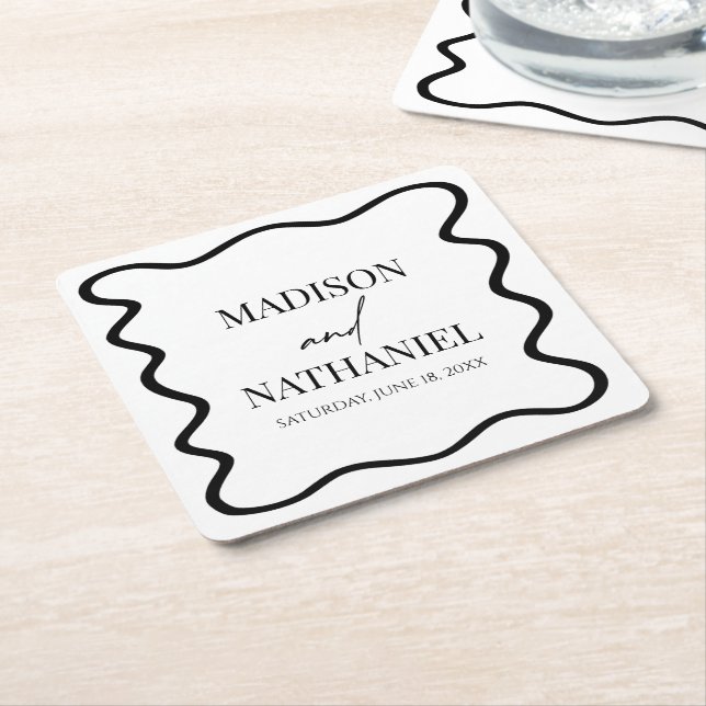 Black White Elegant Wavy Border Wedding Square Paper Coaster (Angled)