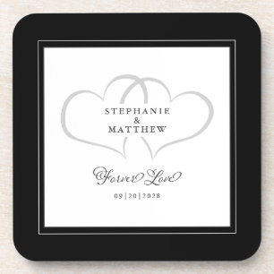 Black & White Elegant Wedding Hearts Forever Love Coaster
