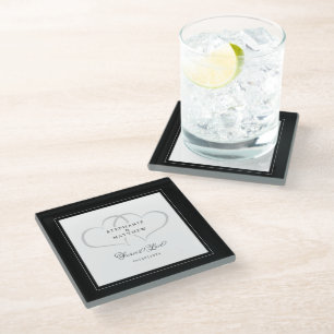 Black & White Elegant Wedding Hearts Forever Love Glass Coaster