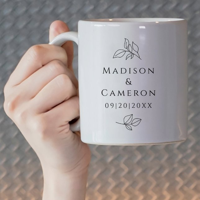  Black White Elegant Wedding Leaves Names Date Coffee Mug (Black White Elegant Wedding Leaves Names Date Coffee Mug Close Up)