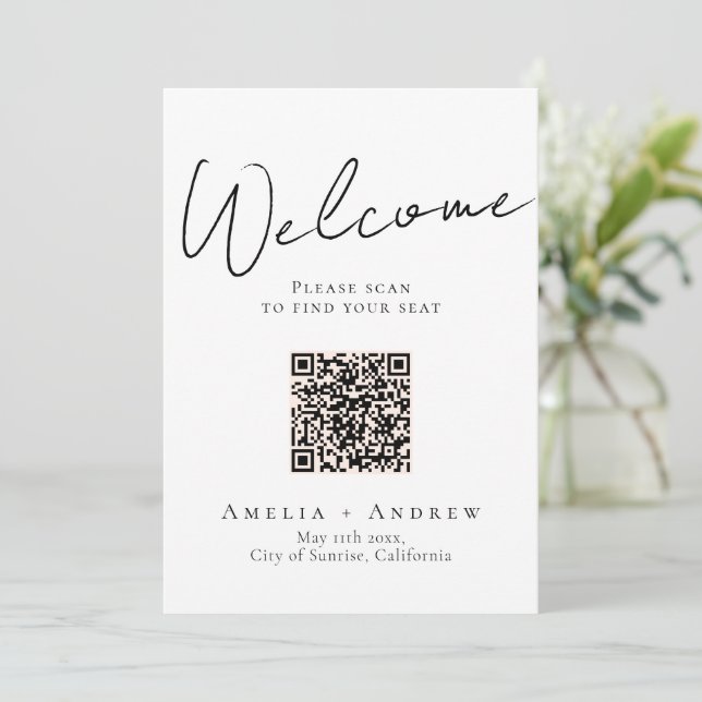 Black White Elegant Wedding QR Code Seating Chart (Standing Front)